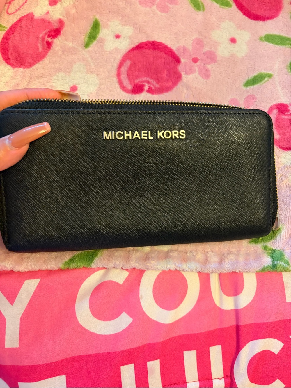 Michael Kors Black Zip Around Card Holder with Gold Logo